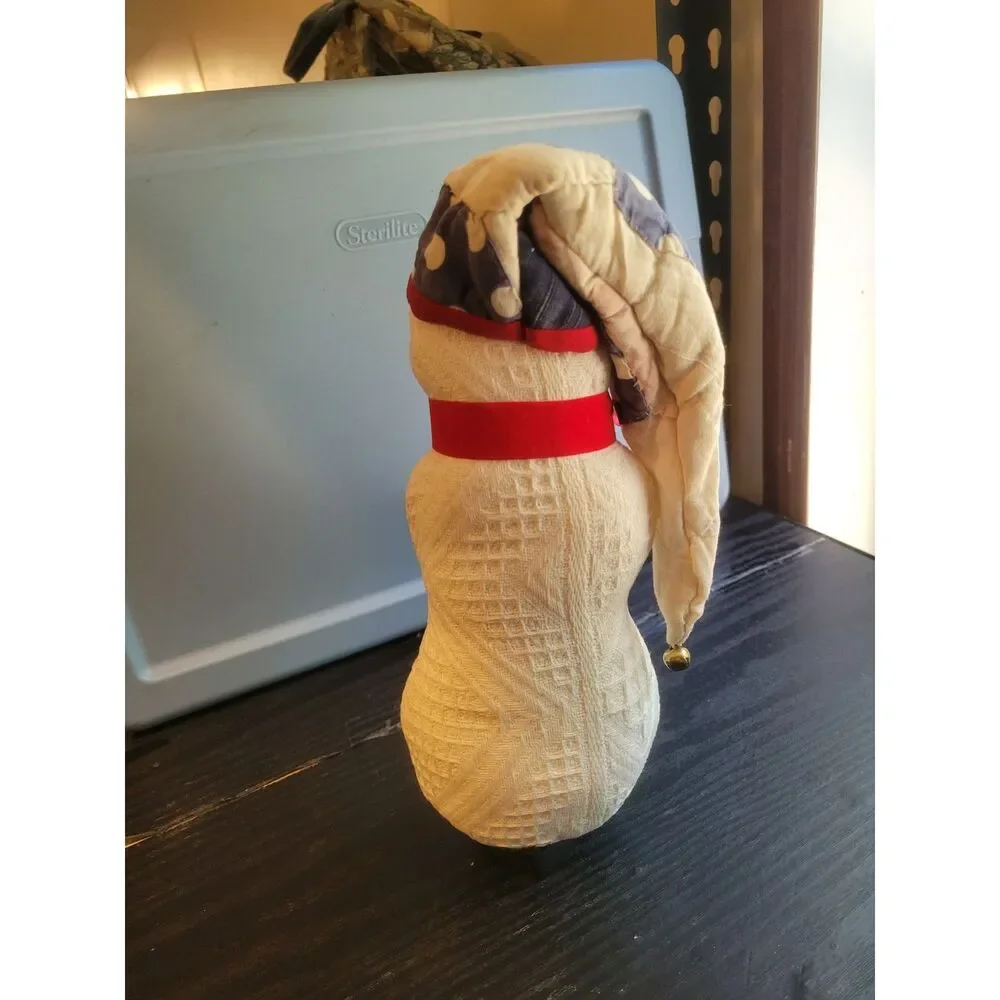 Vintage Fabric Quilted Snowman Plush Figurine Stocking Cap Jingle Bell